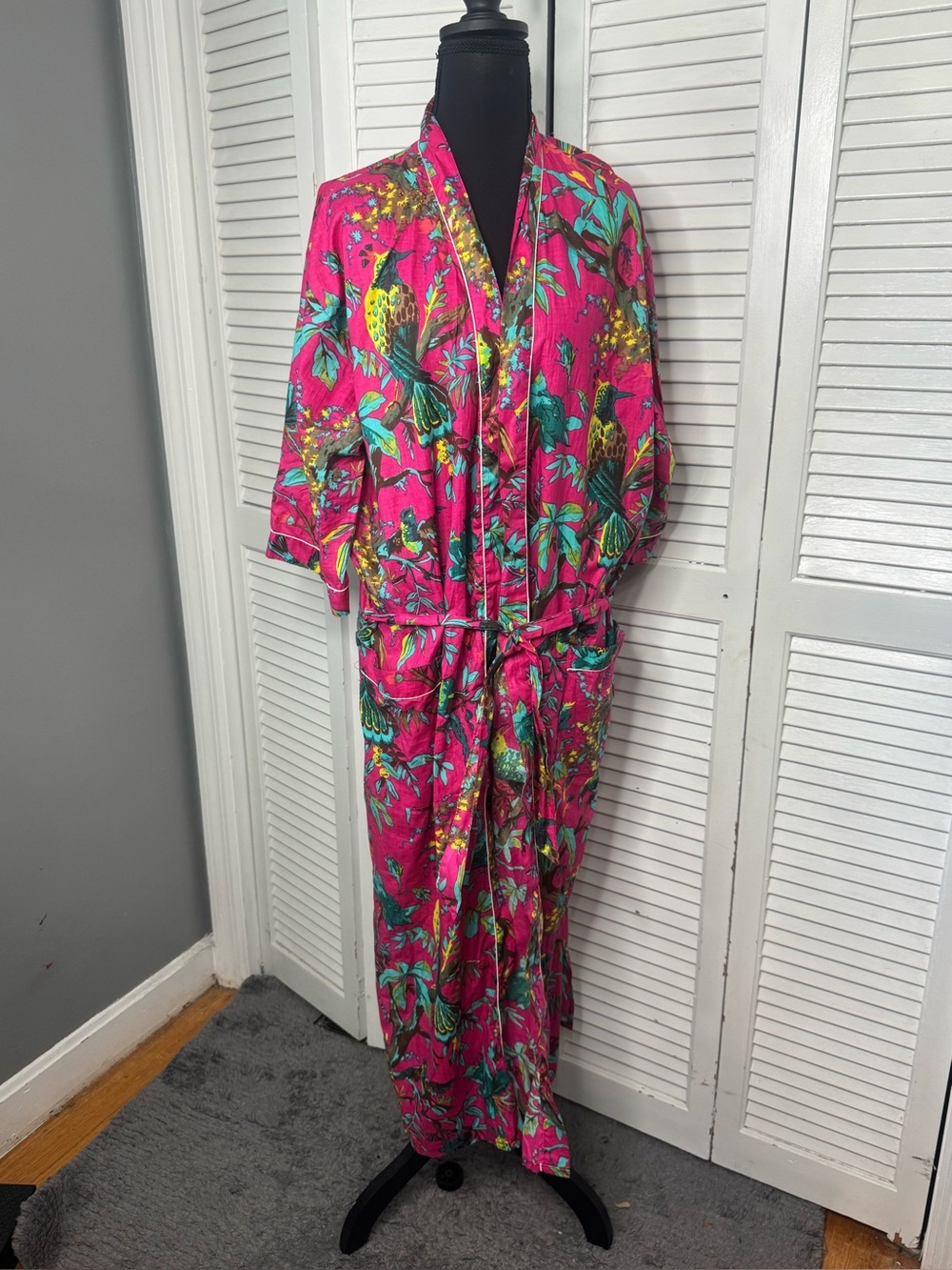Boho India Cotton Kimono Robe Pink Floral Boho Exotic Cottagecore Tropical